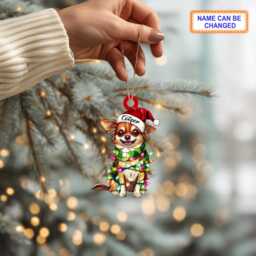 Custom Name Chihuahua Cute Dog With Santa Hat Christmas Lights Ornament, Tree Hanging Decor, Flat 2D Ornament - thumbnail 3