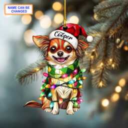 Custom Name Chihuahua Cute Dog With Santa Hat Christmas Lights Ornament, Tree Hanging Decor, Flat 2D Ornament - thumbnail 2