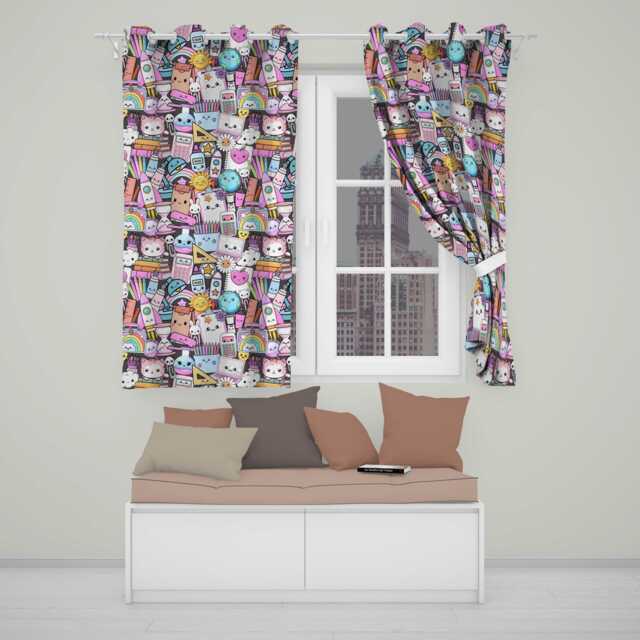 Cute Kawaii School Supplies Desk Rainbow Sun Globe Dark Seamless Pattern Readymade Eyelet Ring Top Thermal 100% Blackout Curtains - image 1