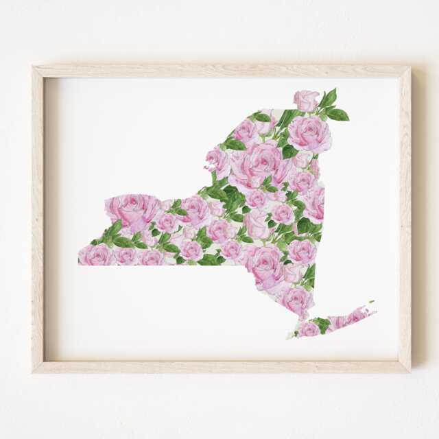 New York State Flower Map Watercolor Rose - Art Print Wall Suny Albany Graduation Wedding Realtor Moving Floral Mothers Day Gift - image 1