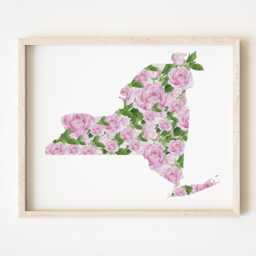 New York State Flower Map Watercolor Rose - Art Print Wall Suny Albany Graduation Wedding Realtor Moving Floral Mothers Day Gift - thumbnail 1