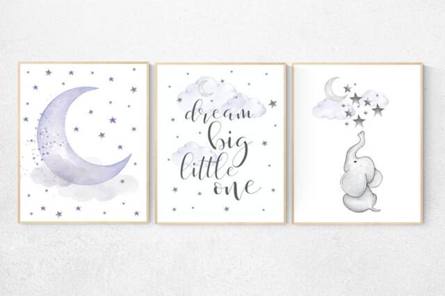Purple Elephant Nursery Prints Lilac Girl Room Wall Art - image 1