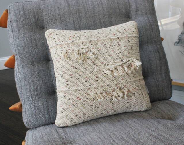 Crochet Throw Pillow/Cotton/Cream Fringe/Decorative Pillow, 14 X - image 1