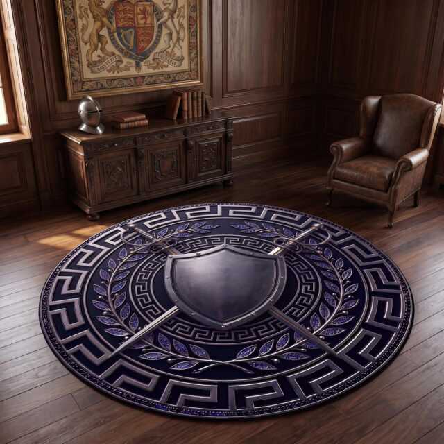 Medieval Shield & Swords Round Rug, Greek Border Washable Dark Fantasy Gamer Mat - image 1