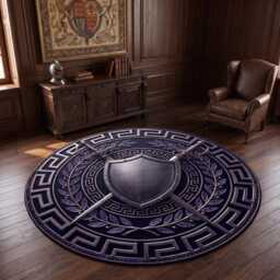 Medieval Shield & Swords Round Rug, Greek Border Washable Dark Fantasy Gamer Mat