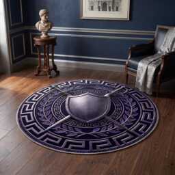 Medieval Shield & Swords Round Rug, Greek Border Washable Dark Fantasy Gamer Mat - thumbnail 3