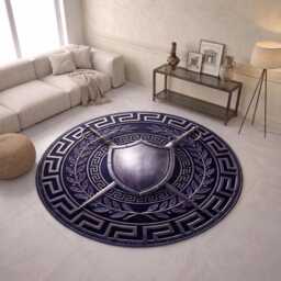 Medieval Shield & Swords Round Rug, Greek Border Washable Dark Fantasy Gamer Mat - thumbnail 2