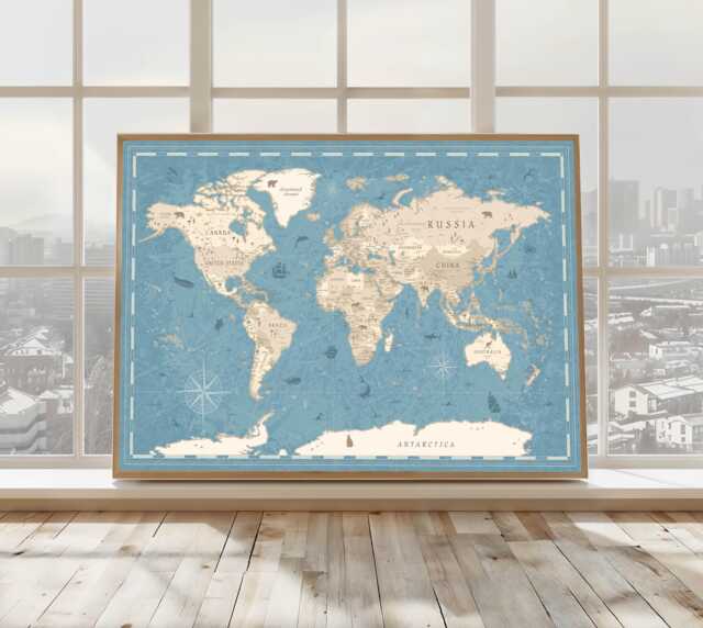 Poster, Vintage Nautical World Map With Sea Creatures & Compass Rose - image 1