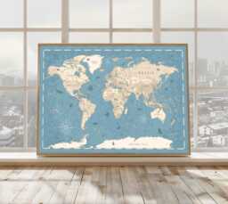 Poster, Vintage Nautical World Map With Sea Creatures & Compass Rose - thumbnail 1