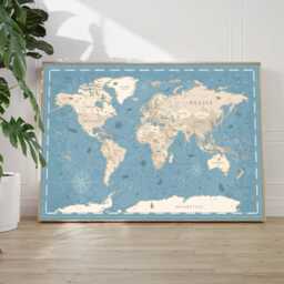 Poster, Vintage Nautical World Map With Sea Creatures & Compass Rose - thumbnail 3
