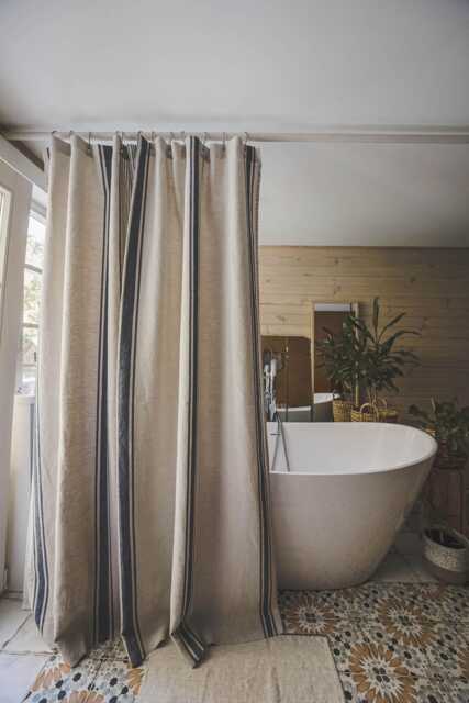 French Linen Shower Curtain - Striped Farmhouse With Waterproof Liner Handmade Natural Bathroom Decor Custom Sizes - image 1