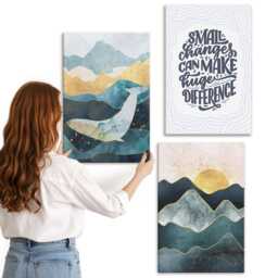 3 Piece Canvas Set - Mountain Landscapes Inspirational Text, Turquoise Wall Art Print, Abstract Hanging - thumbnail 3
