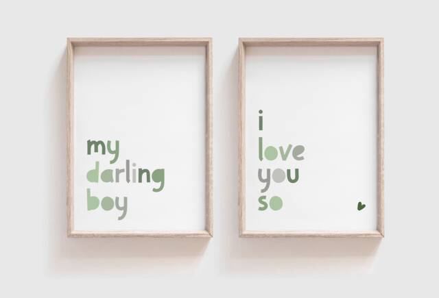 My Darling Boy I Love You So Prints, Set Of 2 Boys Nursery Wall Art, Bedroom Green & Grey - image 1