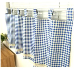 Gingham Vichy Blue Cafe Curtain, Window Valance, Custom Made Kitchen/Bathroom/Nursery Living Room Curtain Drapes - thumbnail 1