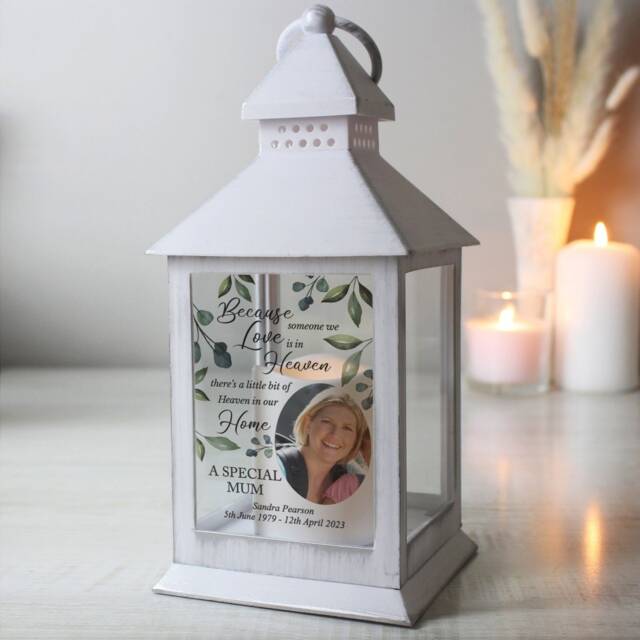 Botanical Photo Memorial Lantern, Personalised Garden Light, White Tribute Funeral Gift, Remembrance Keepsake - image 1