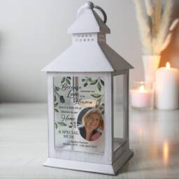 Botanical Photo Memorial Lantern, Personalised Garden Light, White Tribute Funeral Gift, Remembrance Keepsake - thumbnail 1
