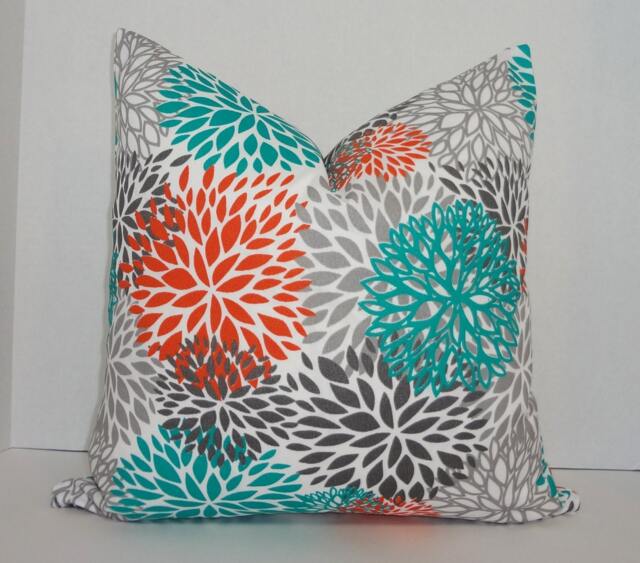 Outdoor Pillow Flower Burst Teal Orange Grey Deck Patio Cover Mum Choose Size