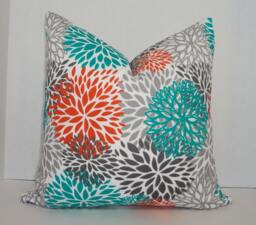 Outdoor Pillow Flower Burst Teal Orange Grey Deck Patio Cover Mum Choose Size
