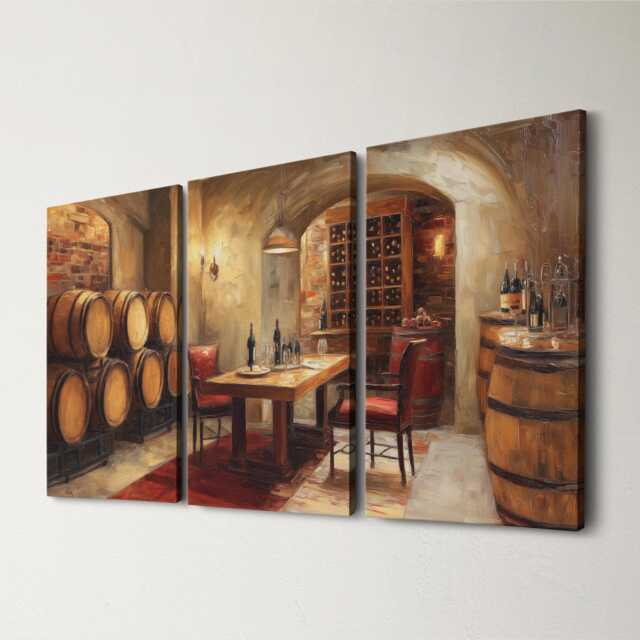 Wine Cellar Canvas 3 Panel Split Wall Art Oak Barrel Winery Abstract Oil Painting Framed Vineyard Home Decor Lover Gift - image 1