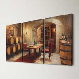 Wine Cellar Canvas 3 Panel Split Wall Art Oak Barrel Winery Abstract Oil Painting Framed Vineyard Home Decor Lover Gift - thumbnail 1