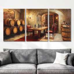 Wine Cellar Canvas 3 Panel Split Wall Art Oak Barrel Winery Abstract Oil Painting Framed Vineyard Home Decor Lover Gift - thumbnail 2