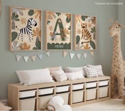 Set Of 3 Personalised Safari Animals Nursery Prints, Name Print, Tiger Zebra Jungle Playroom Prints - thumbnail 1