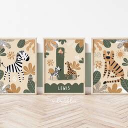 Set Of 3 Personalised Safari Animals Nursery Prints, Name Print, Tiger Zebra Jungle Playroom Prints - thumbnail 3