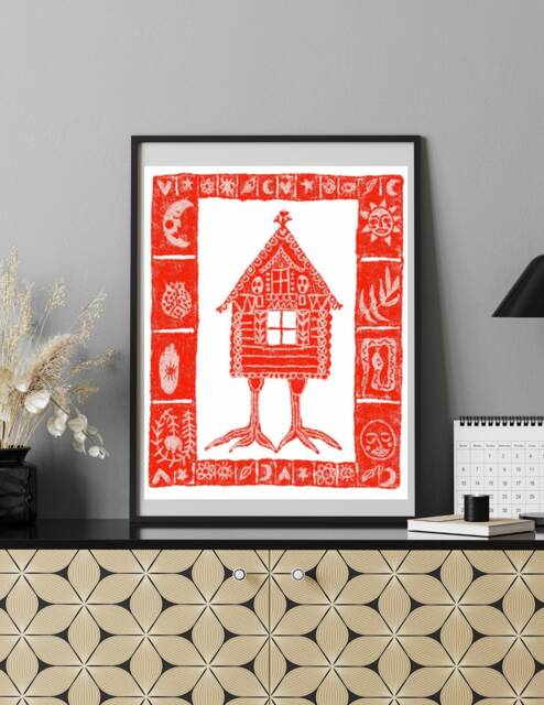 Baba Yaga Hut Slavic Folk Art Print, A4 A5 Post Card, Red & White Folklore Art, Jaga Myths Legends Tales - image 1