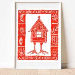 Baba Yaga Hut Slavic Folk Art Print, A4 A5 Post Card, Red & White Folklore Art, Jaga Myths Legends Tales - thumbnail 3