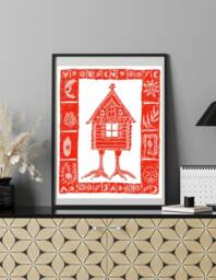 Baba Yaga Hut Slavic Folk Art Print, A4 A5 Post Card, Red & White Folklore Art, Jaga Myths Legends Tales - thumbnail 1