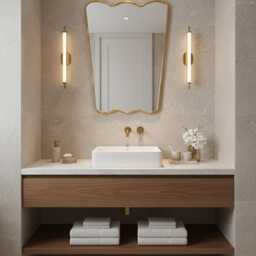 Curved Brass Wall Mirror - Elegant Scalloped Bathroom - thumbnail 2