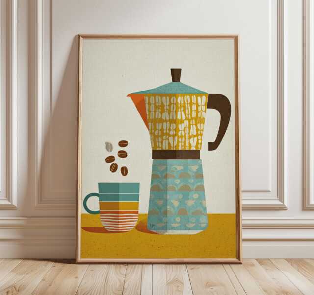 Retro Coffee Art Print, Modern Kitchen Wall Decor, Moka Pot & Cup Poster, Mid Century Bar Artwork - image 1