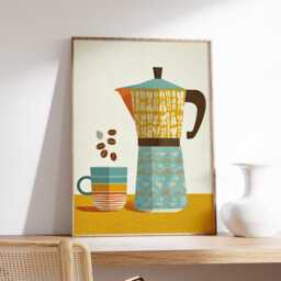Retro Coffee Art Print, Modern Kitchen Wall Decor, Moka Pot & Cup Poster, Mid Century Bar Artwork - thumbnail 2