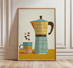 Retro Coffee Art Print, Modern Kitchen Wall Decor, Moka Pot & Cup Poster, Mid Century Bar Artwork - thumbnail 1