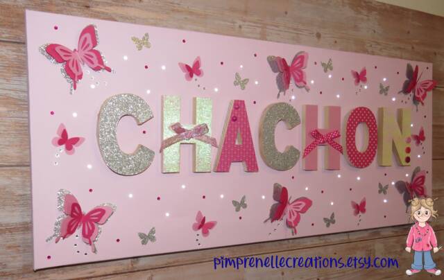 Girl's First Name Painting, Canvas, Butterfly Light Personalized Pink Butterflies Glitter - image 1