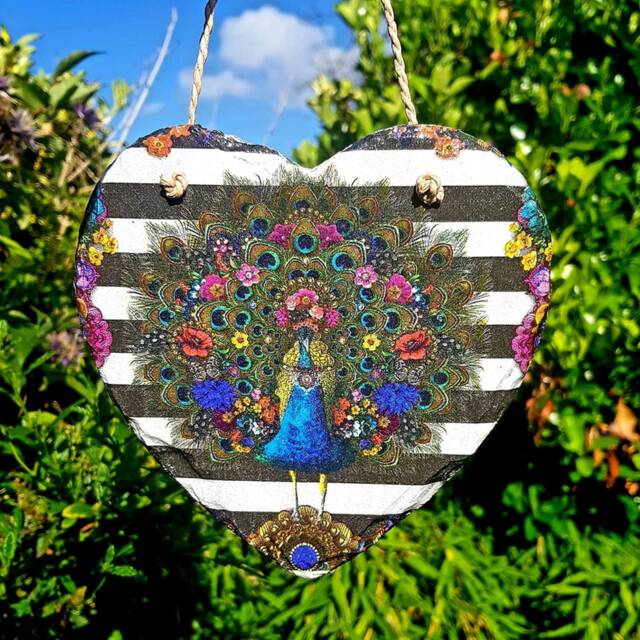 Decoupage Peacock Slate Hanging Heart Indoor/Outdoor Wall Decor - image 1