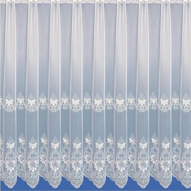White Net Curtain Voile Embroidered Flower Pattern Sold By The Metre in Width Available Different Drop Sizes - image 1