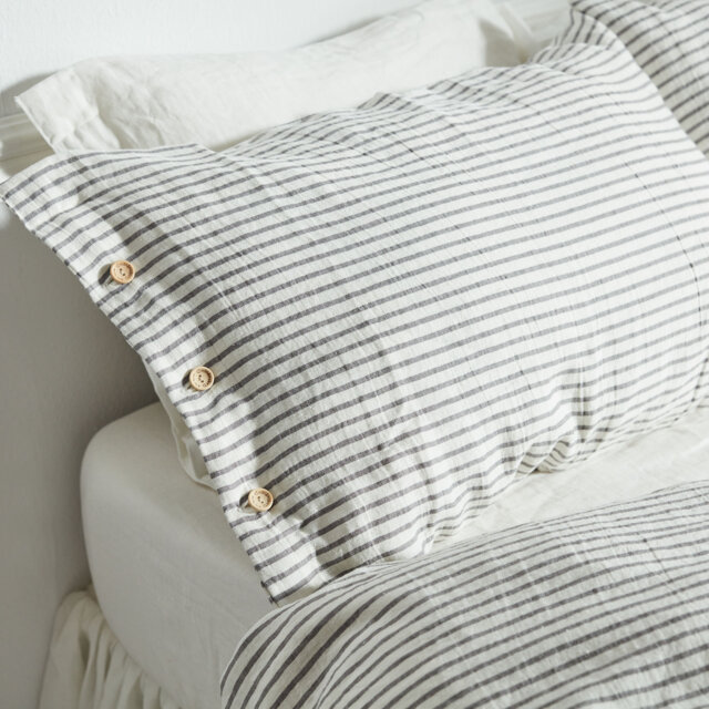 Gray Striped Linen Pillowcase Stonewashed Softened Cover, Wood Buttons - image 1