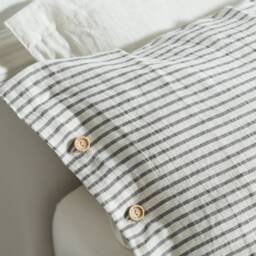 Gray Striped Linen Pillowcase Stonewashed Softened Cover, Wood Buttons - thumbnail 2