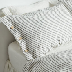 Gray Striped Linen Pillowcase Stonewashed Softened Cover, Wood Buttons - thumbnail 1