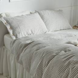 Gray Striped Linen Pillowcase Stonewashed Softened Cover, Wood Buttons - thumbnail 3