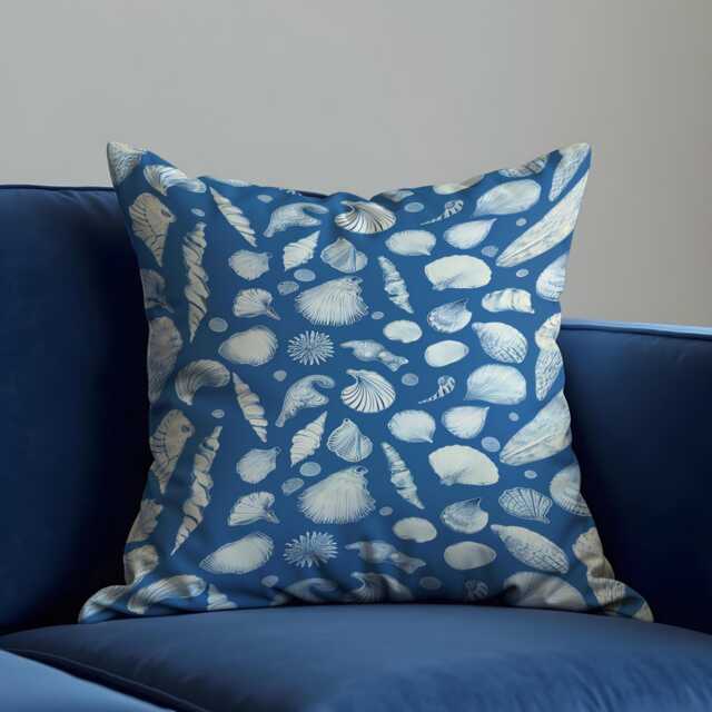 Nautical Seashell Cushion Cover, Blue Beach Theme Pillow White Sea Shells For Coastal Decor, Ocean-Inspired Sofa Or Bedroom Accent - image 1