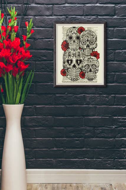 Sugar Skull Art Print Dark Academia Halloween Decor On Antique Dictionary Page - image 1