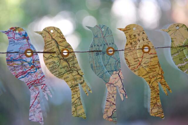 Paper Bird Garland Lover Gift Handmade Eco Home Decor Vintage Map Wall Hanging Unique Valentine Travel - image 1