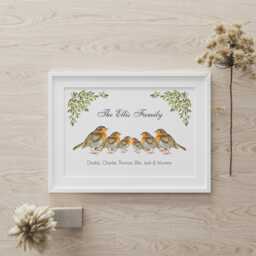 Personalised Robin Family Print, Christmas Gift For Grandparents, Watercolour Style Robins With Surname & Names, Bird Wall Art Decor - thumbnail 1