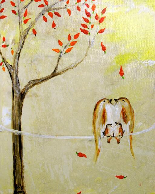 Bird Family Art - Southwest Birds Print Baby's Room Animal Wall Gift Warm Colors - image 1