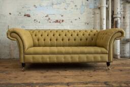 3 Seater Mustard Yellow Herringbone Wool Fabric Chesterfield Sofa, British Handmade