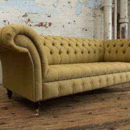 3 Seater Mustard Yellow Herringbone Wool Fabric Chesterfield Sofa, British Handmade - thumbnail 3