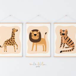 Set Of 3 Safari Animals Nursery Wall Art Prints, Lion Giraffe Tiger Print, Jungle Playroom Scandi Kids - thumbnail 3
