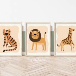 Set Of 3 Safari Animals Nursery Wall Art Prints, Lion Giraffe Tiger Print, Jungle Playroom Scandi Kids - thumbnail 2
